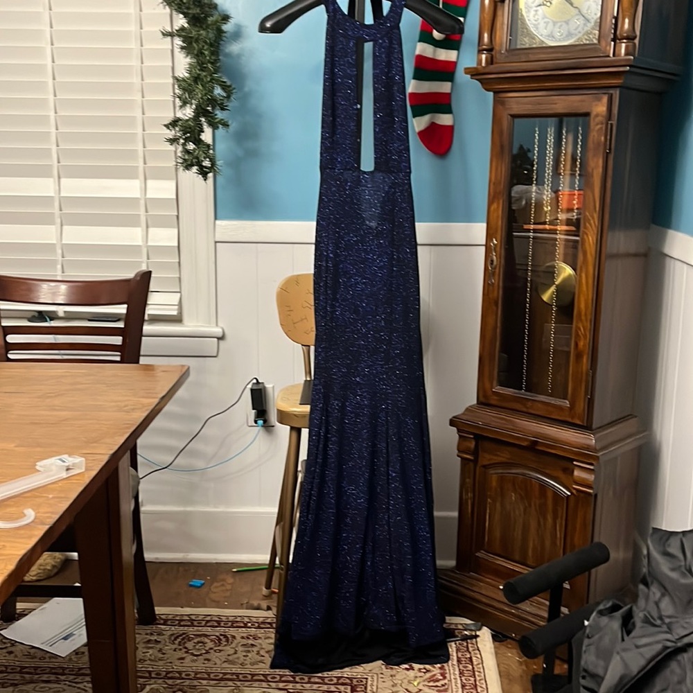 Glitter blue/black collar dress with sheer between two sides of front, backless
